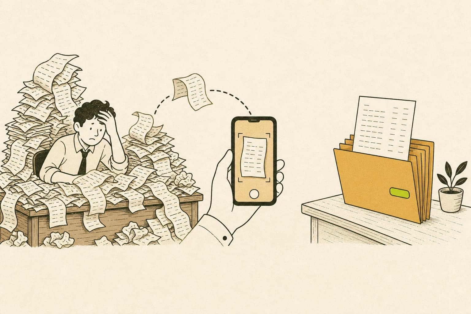 An accountant buried in paper receipts; a phone photographs one; a tidy export folder.