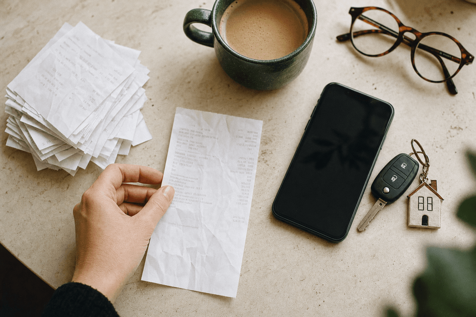 A real estate agent's desk with a stack of paper receipts and a phone